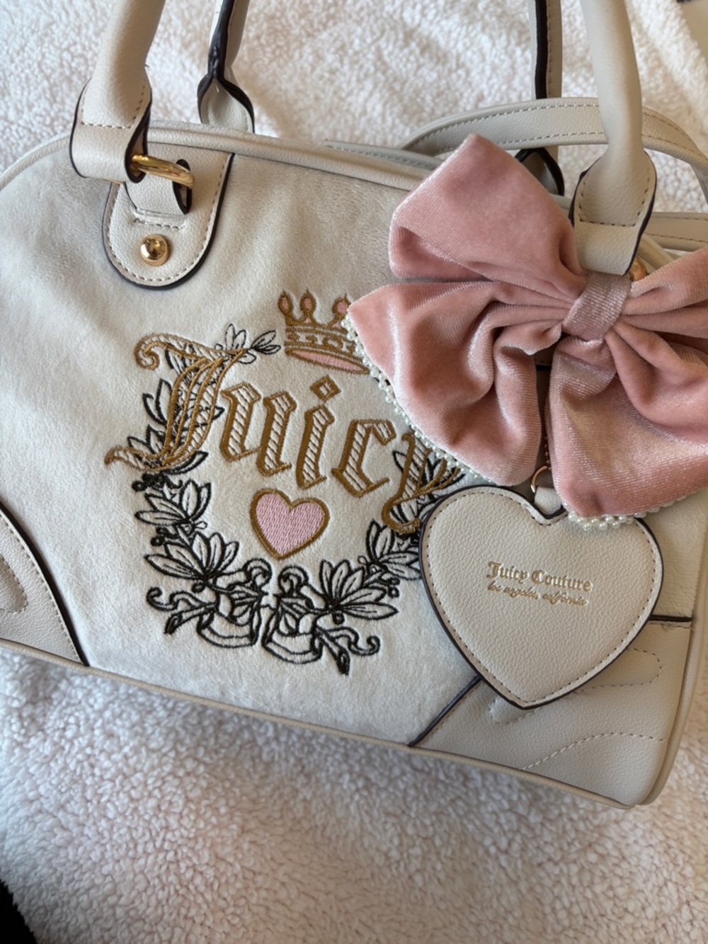 Juicy Couture Cream Satchel with Pink Velvet Bow Charm